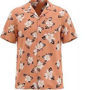 Men's Linen Blend Shirt XL Short Sleeve Camp Collar Peach Hawaiian‎ Floral Beach